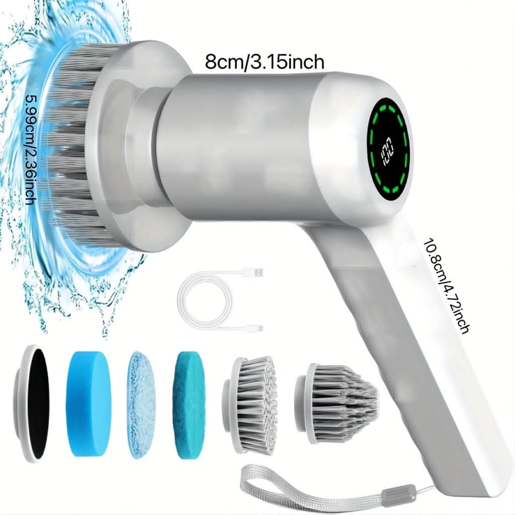 Bathroom Scrubber with 5 Brush Heads - 2 Speeds & LED Display