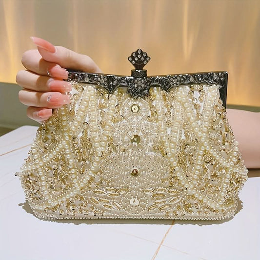 Floral Faux Pearl Rhinestone Kiss Lock Clutch