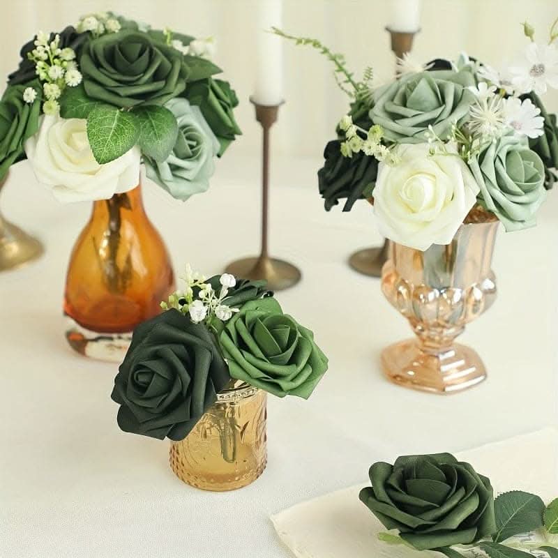 25pcs Forest Green Ombre Artificial Roses - Luxurious & Real-Like