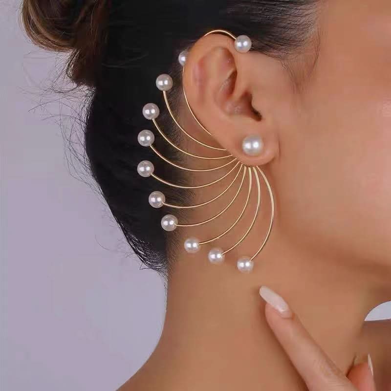 Pearl Fan Shaped Earrings – Geometric Gold-Plated Earrings for Women