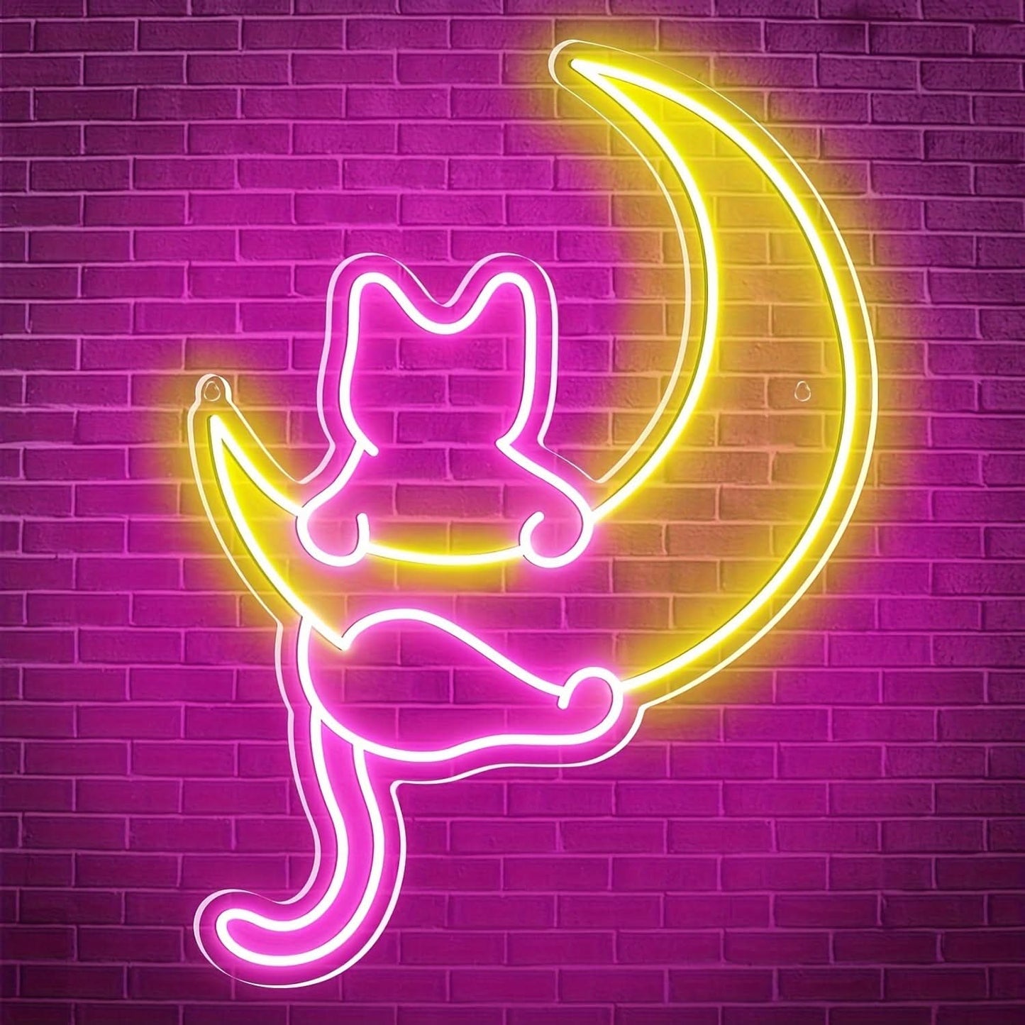 Customizable Cat & Moon Neon Sign - LED Wall Art, USB Powered, Dimmable