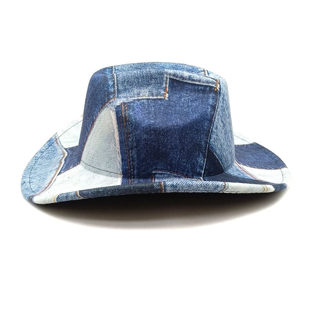 Denim Patchwork Fedora Hat – Unisex Wide Brim Jazz Cap, Lightweight & Washable