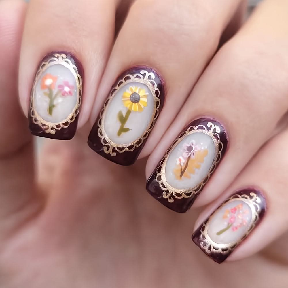 24 Pcs Luxury Floral Press-On Nails Set – Short Square Glossy Fake Nails