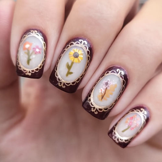 24 Pcs Luxury Floral Press-On Nails Set – Short Square Glossy Fake Nails
