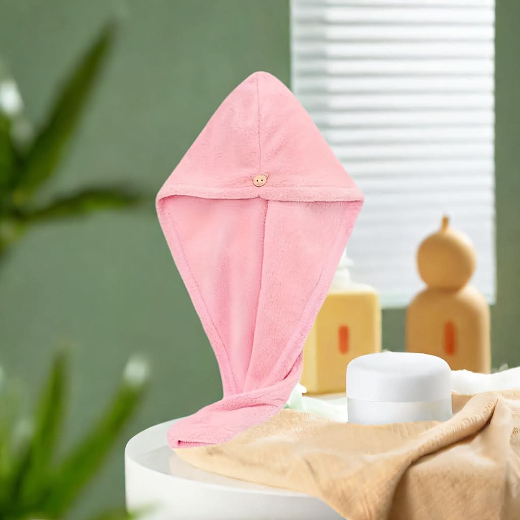 Ultra-Soft Coral Fleece Hair Drying Towel – Quick-Dry, Odor-Free, Cute Bear Button