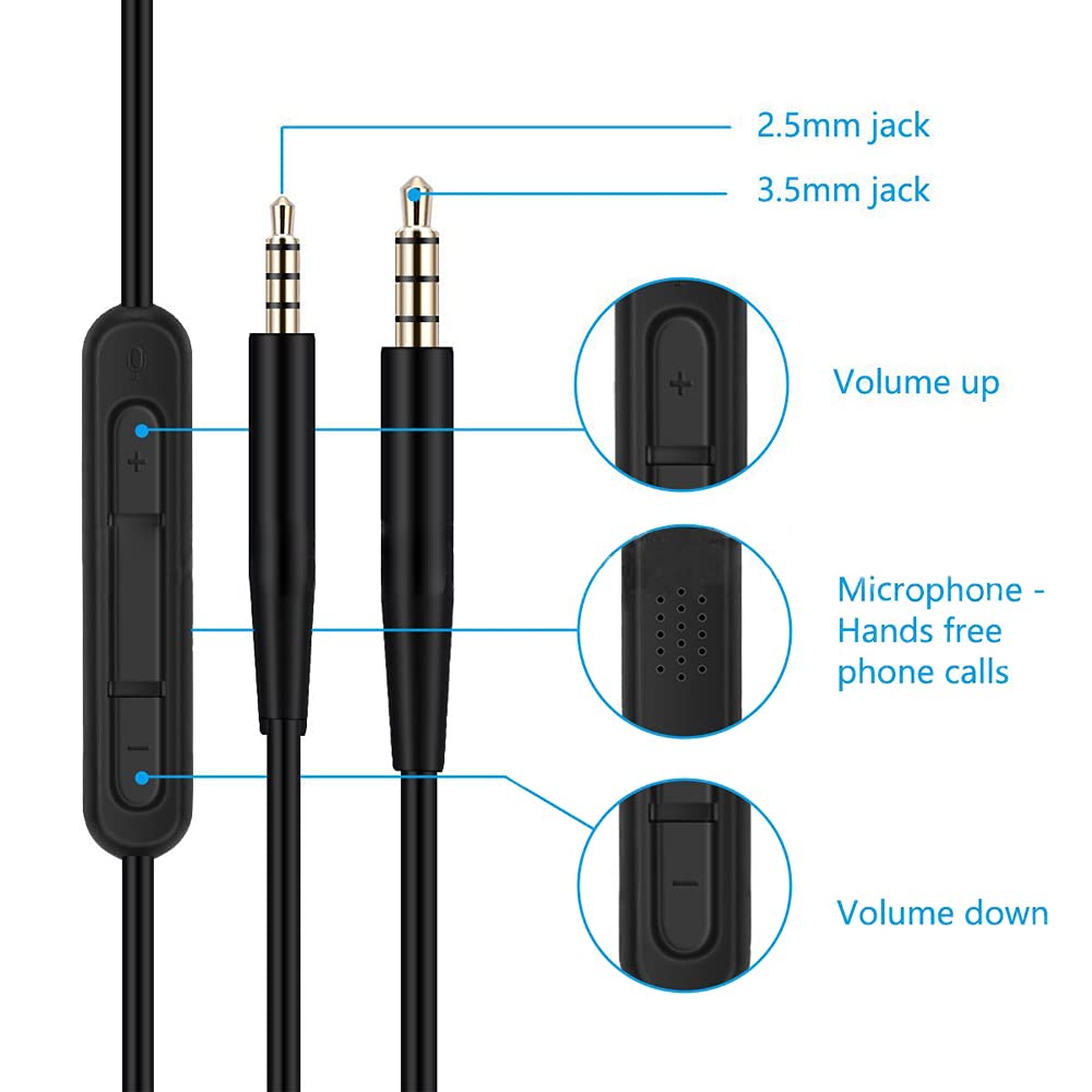 Replacement AUX Mic Cable for Bose 700, QC45, QC35, QC25, SoundTrue, OE2, AE2 Headphones – 3.5mm to 2.5mm with Inline Mic & Volume Control