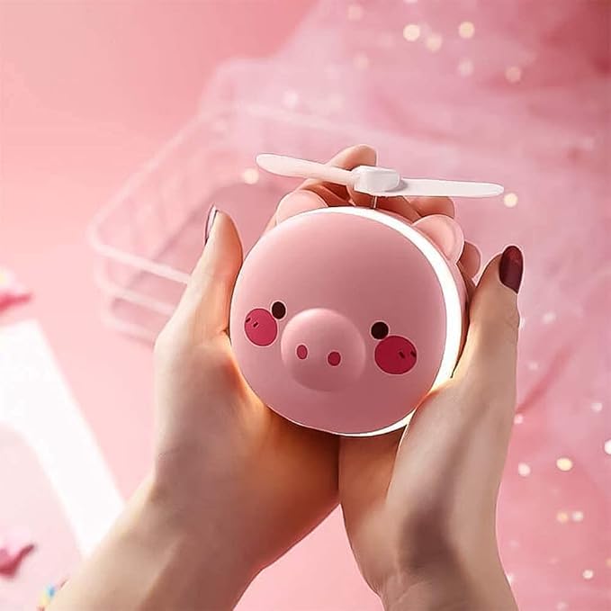 Portable Mini USB Fan – Cute Piggy Beauty Mirror Fan with LED Light & Handheld Design