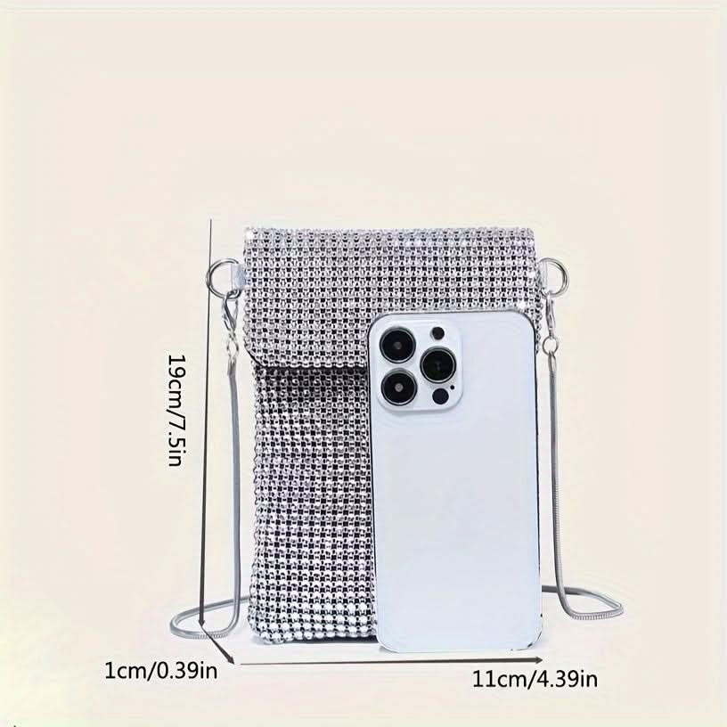 Silver Rhinestone Crossbody Clutch with Chain Strap