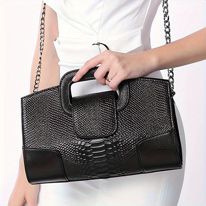 Crocodile Pattern Leather Clutch - Chain Strap Bag