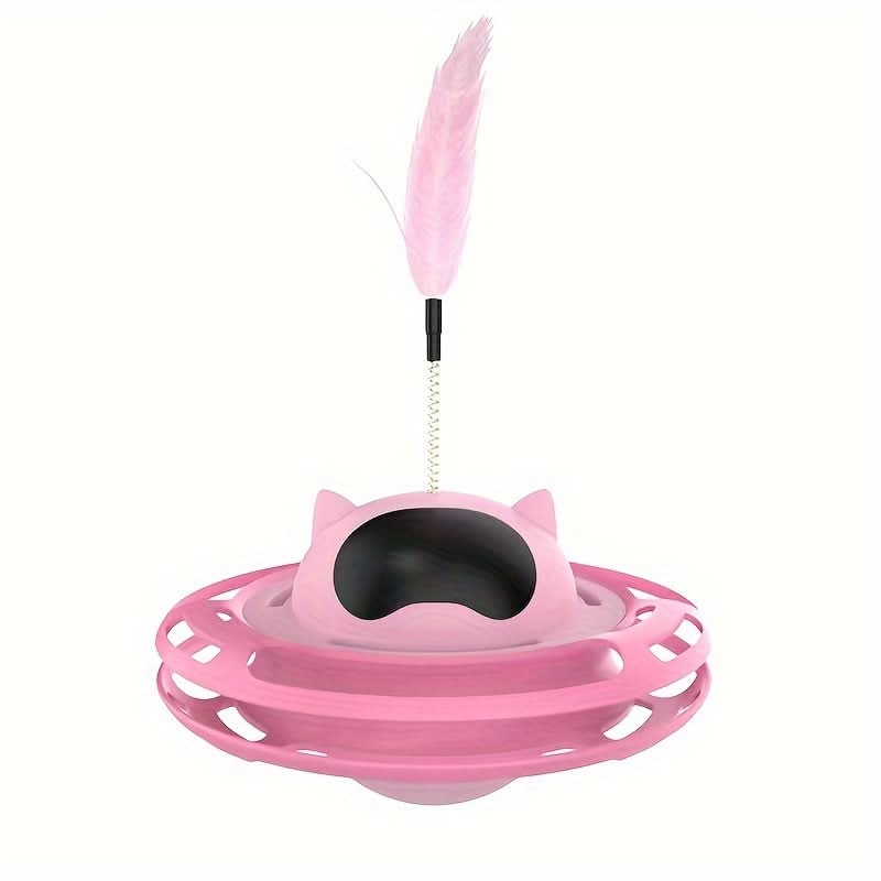 Interactive UFO Cat Toy with Feather Teaser– Non-Tipping Self-Play Pet Toy