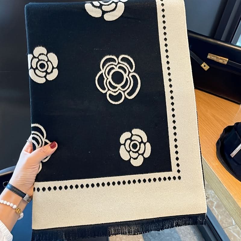 Camellia Flower Soft Cotton Shawl Scarf – Warm & Stylish for Autumn/Winter