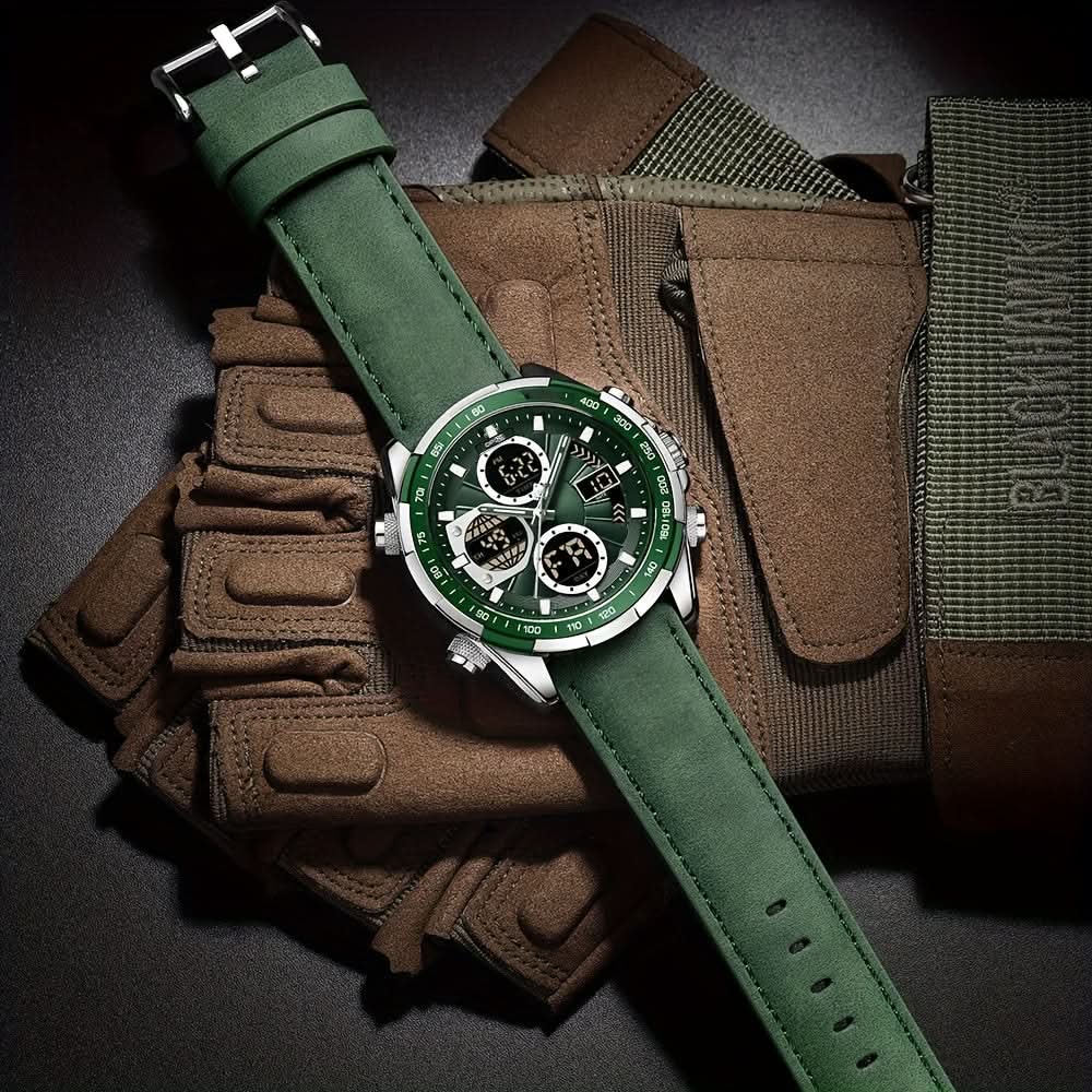 Men's Dual Display Quartz Watch, Waterproof, Leather Band
