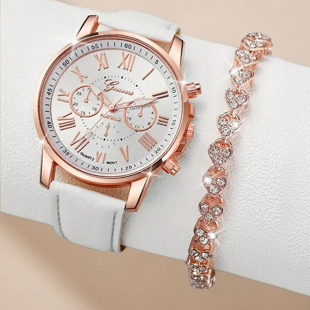 2pcs Women's Casual Round Quartz Watch & Rhinestone Bracelet Set