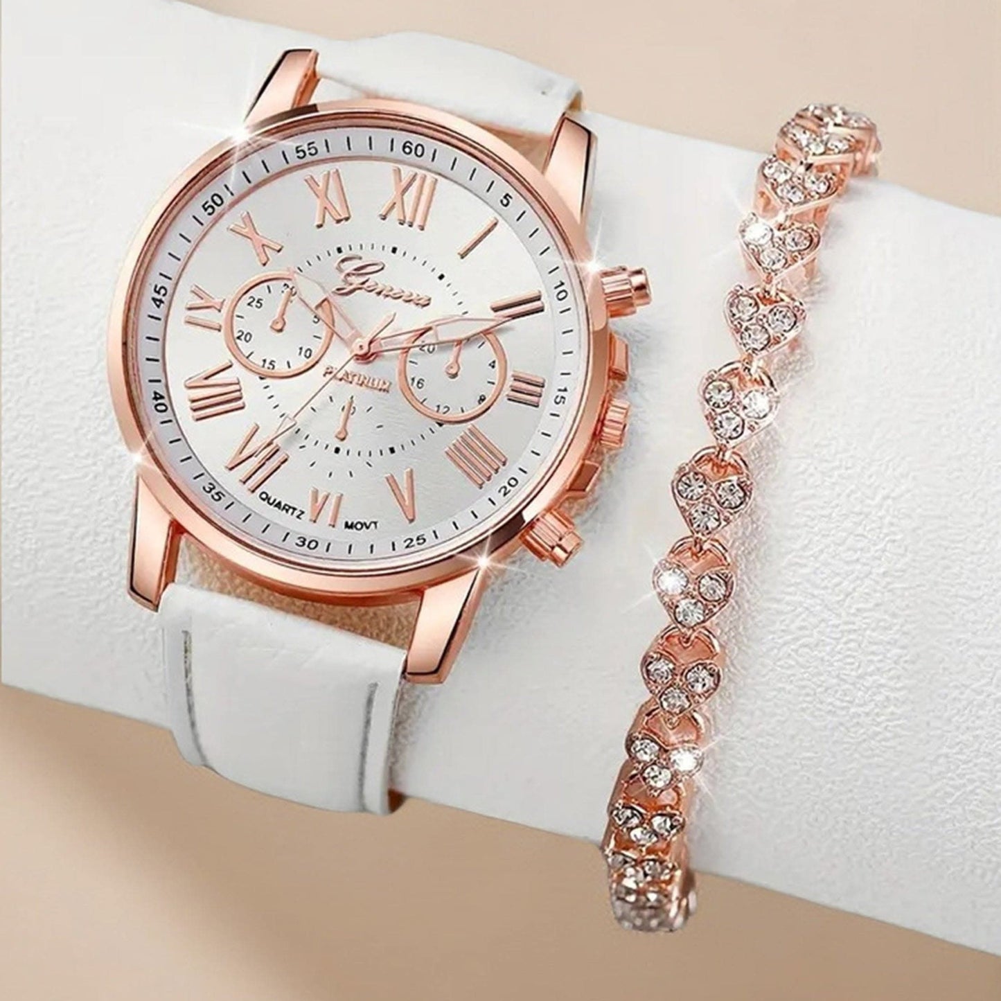 2pcs Women's Casual Round Quartz Watch & Rhinestone Bracelet Set