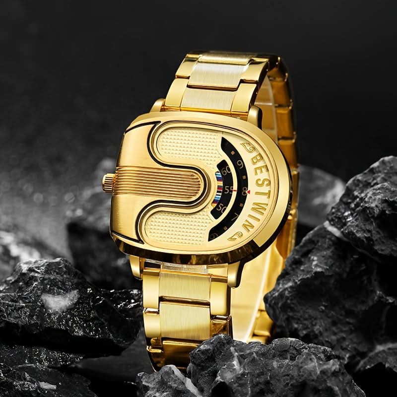 Men’s U-Shaped Digital Quartz Watch – Stainless Steel Band, Date & Stopwatch