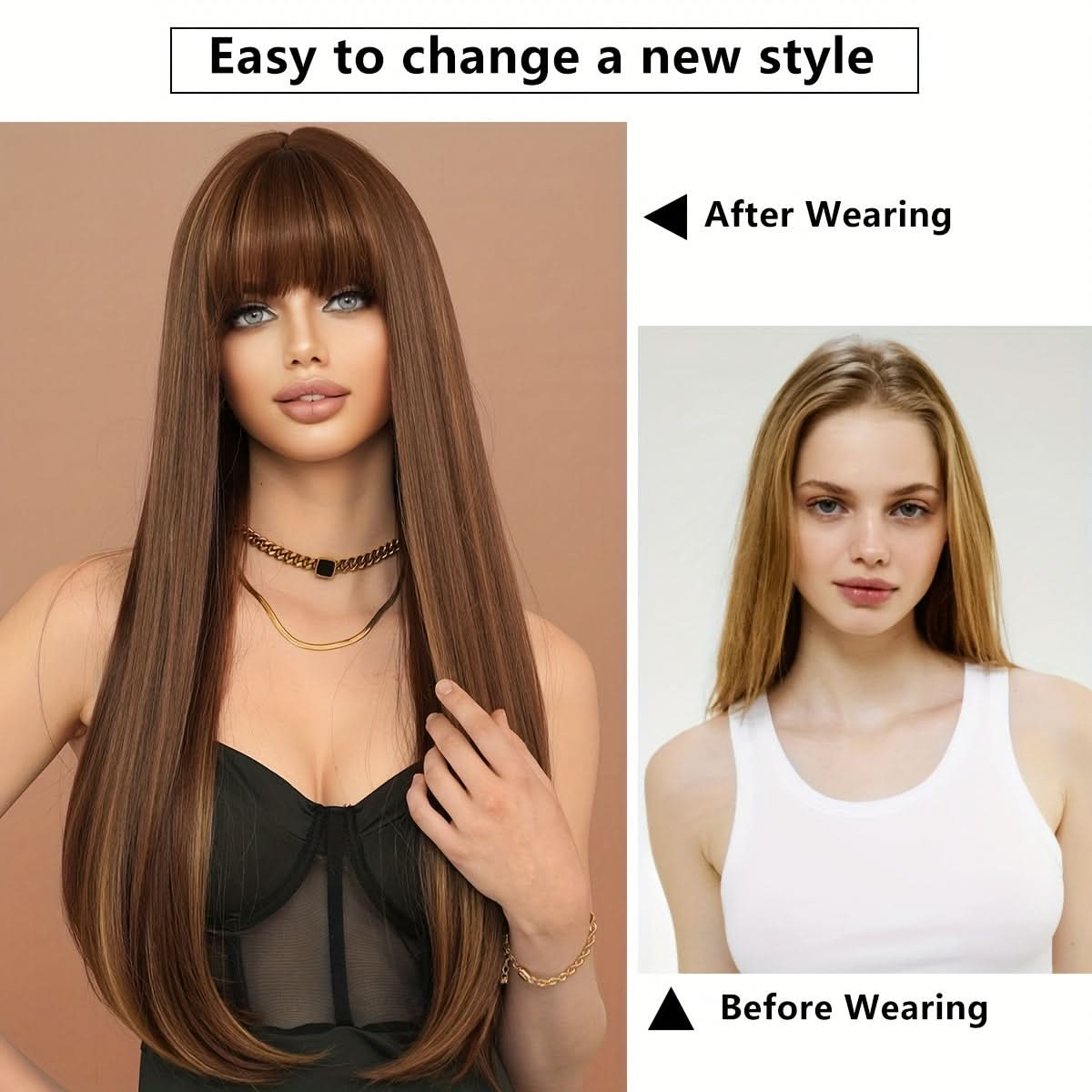Chic Ombre Honey Brown Wig with Air Bangs – Heat Resistant