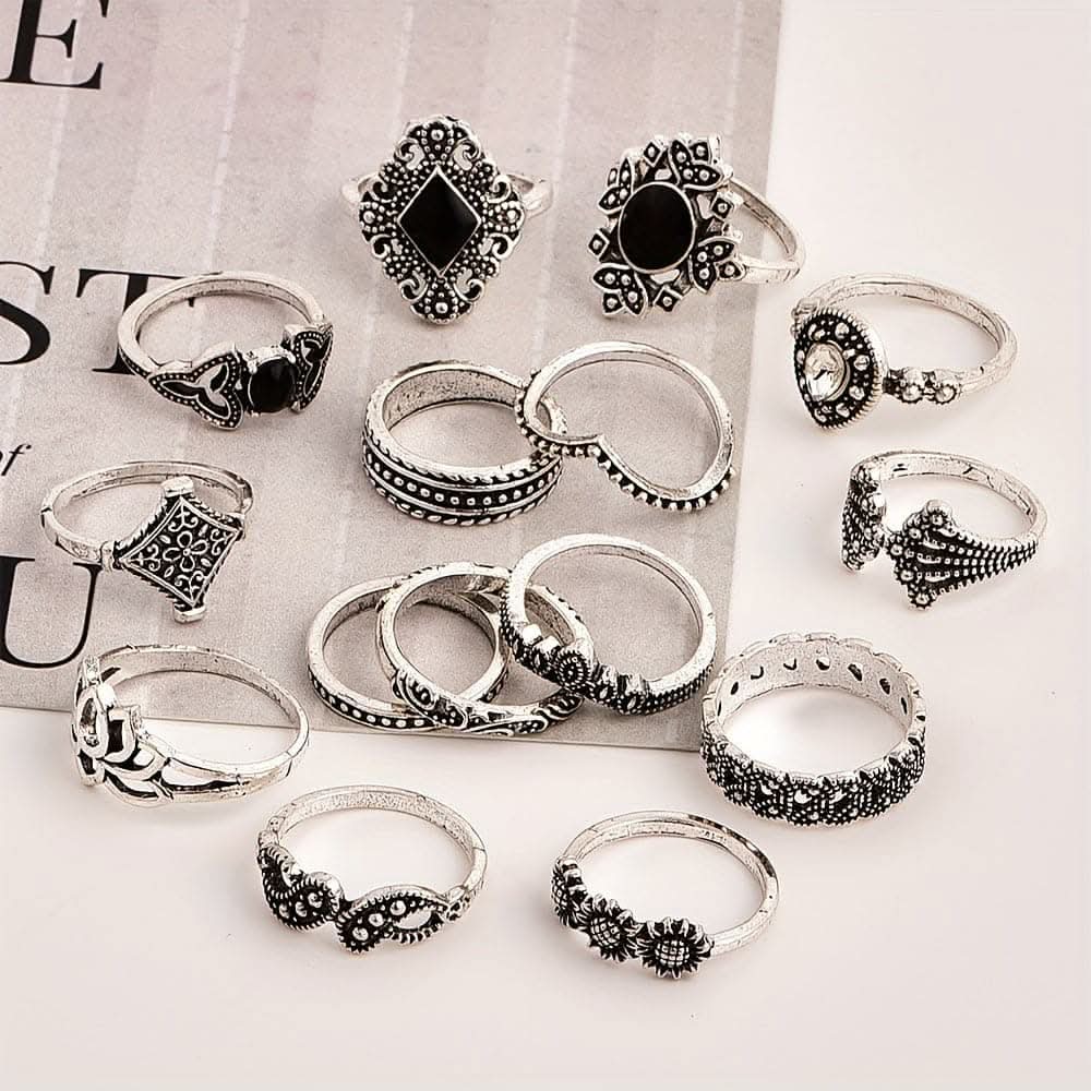 15-Piece Boho Chic Lotus Knuckle Ring Set