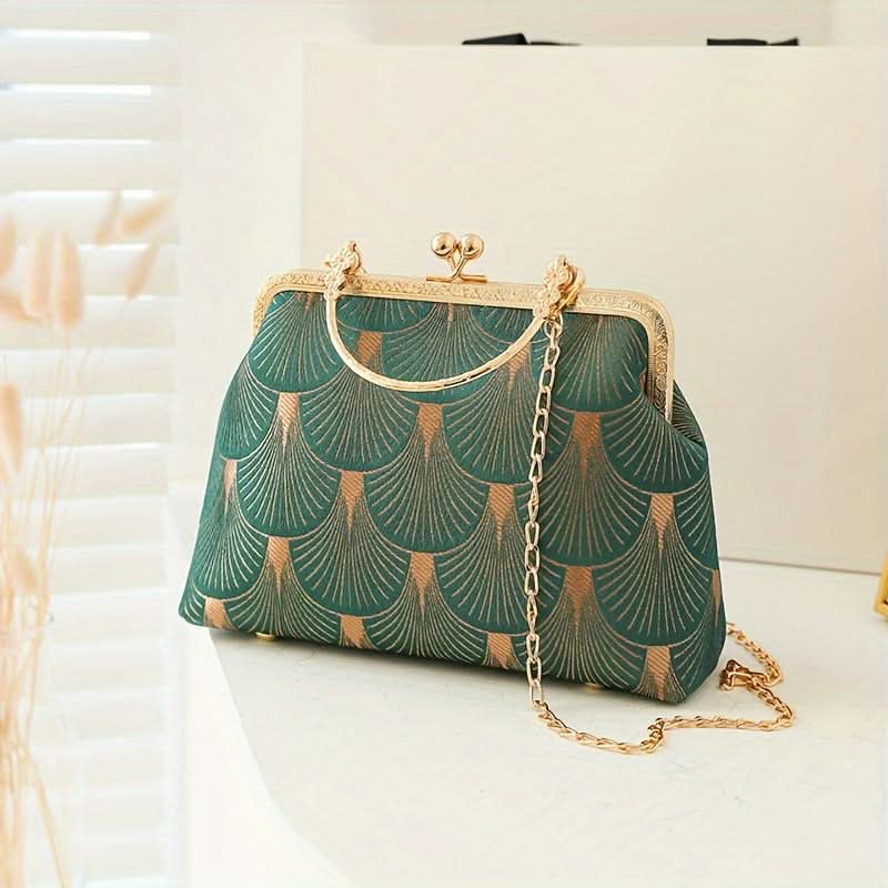Vintage Embroidered Frame Clutch, Pearl Chain Strap