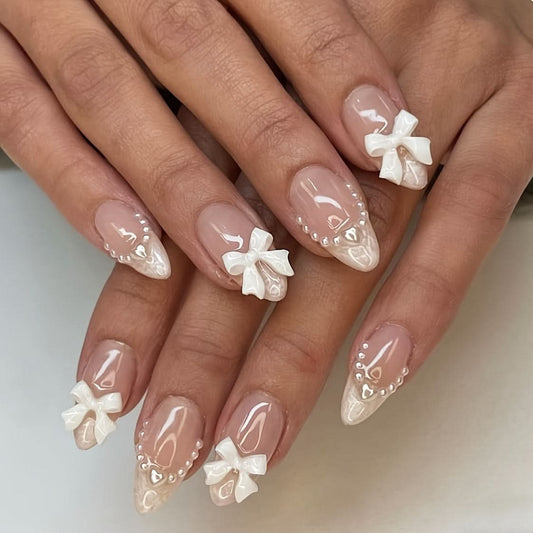 24 Pcs Pearl & Heart Bow Press-On Nails – Short Almond Shape Glossy Finish Fake Nails