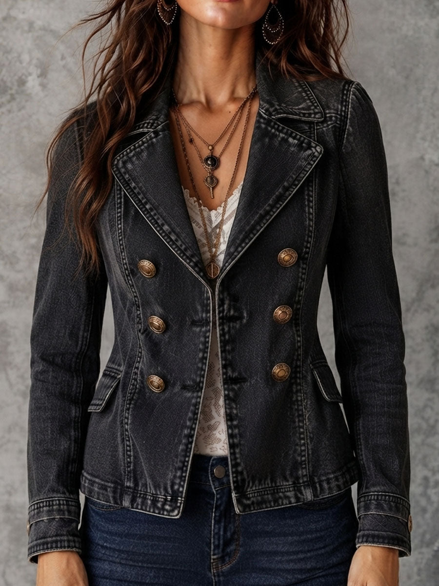 Vintage Washed Denim Lapel Double Breasted Jacket