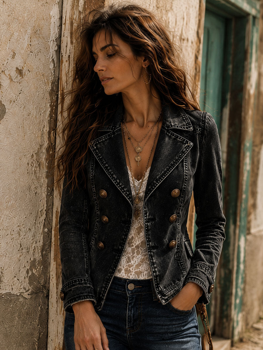 Vintage Washed Denim Lapel Double Breasted Jacket