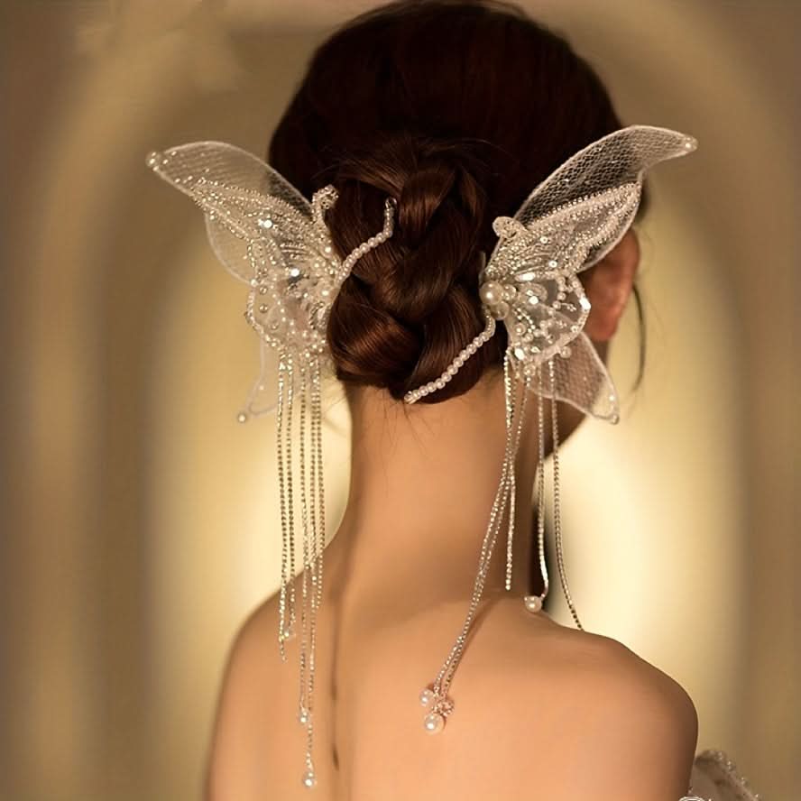 Butterfly Pearl Tassel Bridal Hair Clips