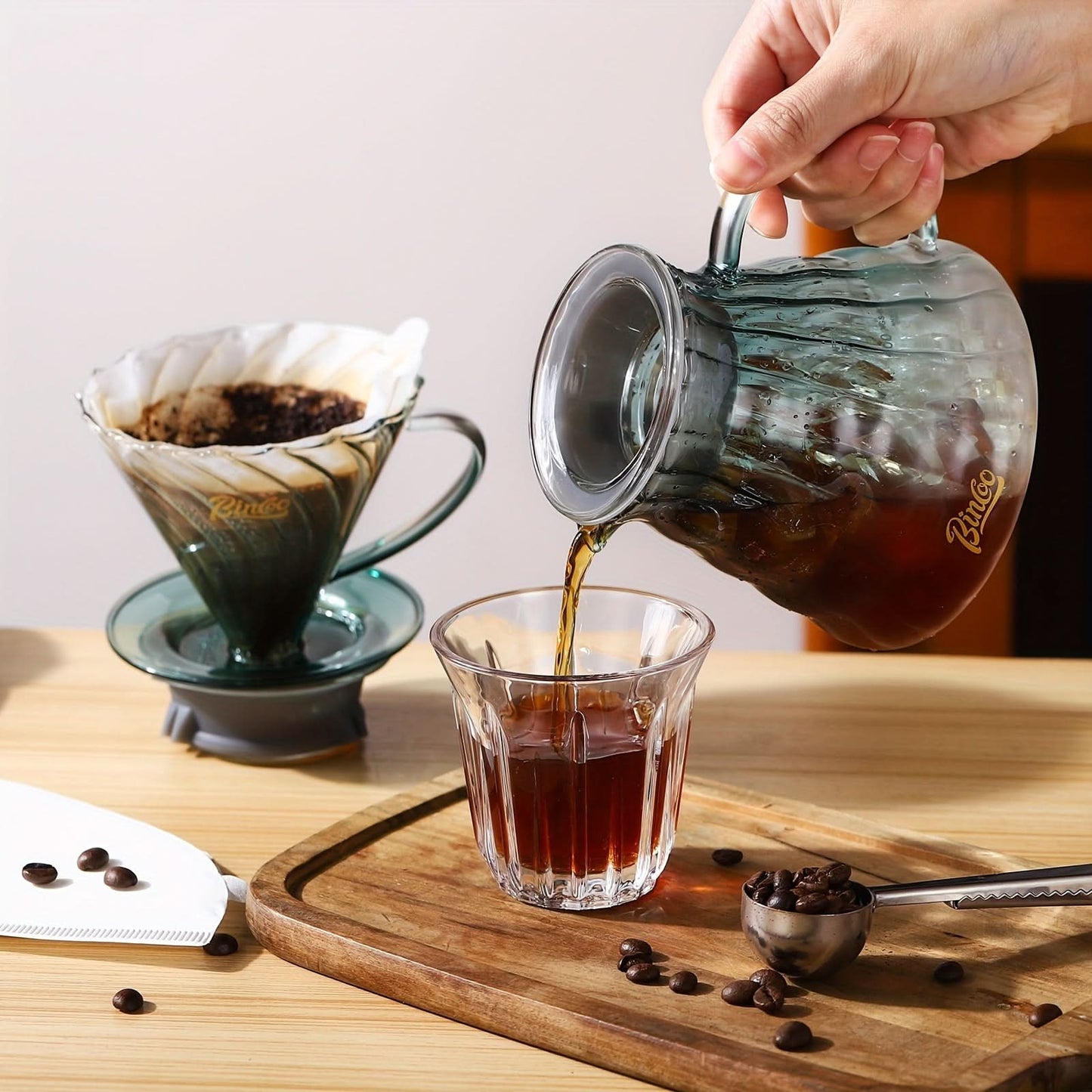 600ml Glass V60 Coffee Maker Set – Pour Over Coffee Dripper with Wood Stand