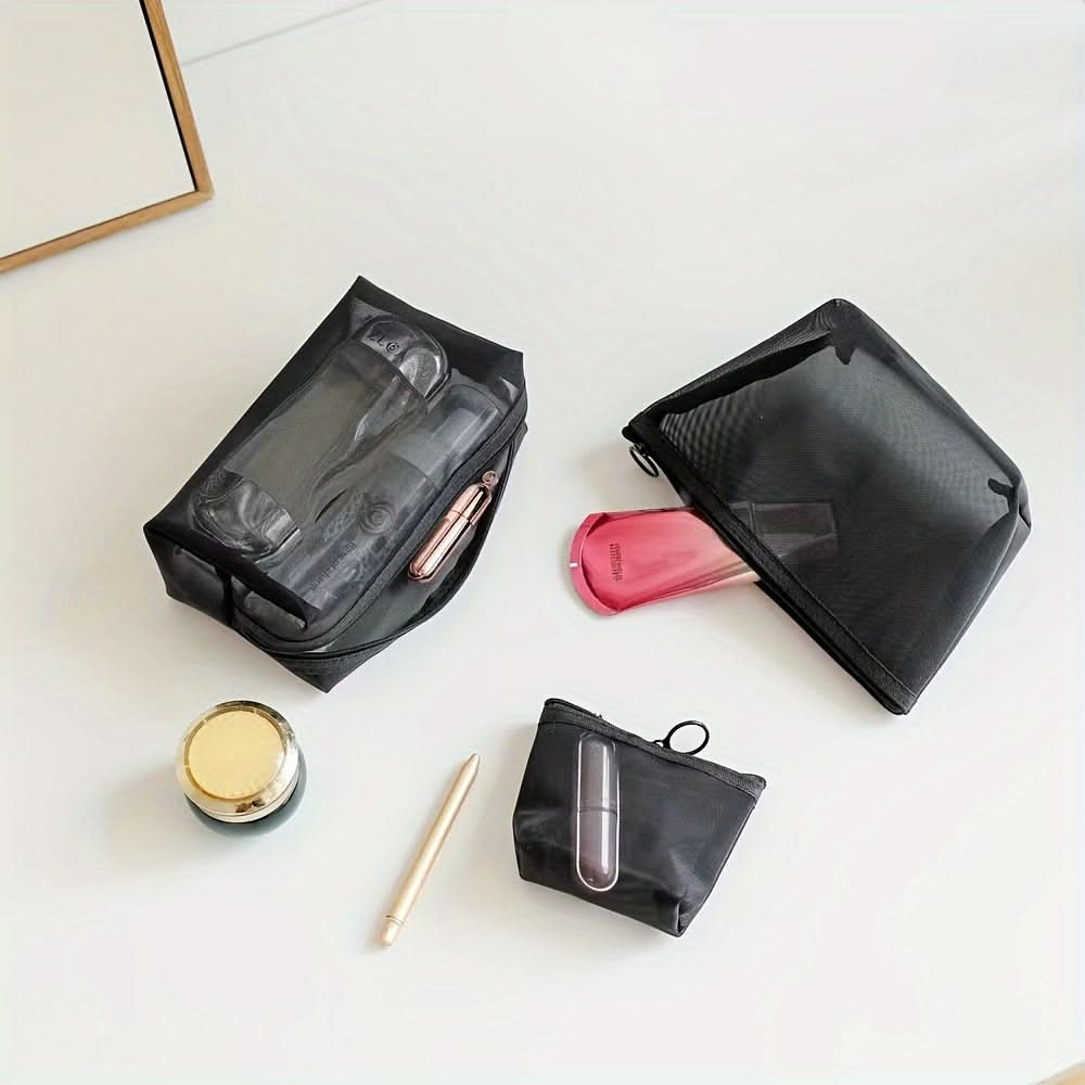 3-Piece Set Nylon Mesh Makeup Bags - Lightweight Travel Organizers