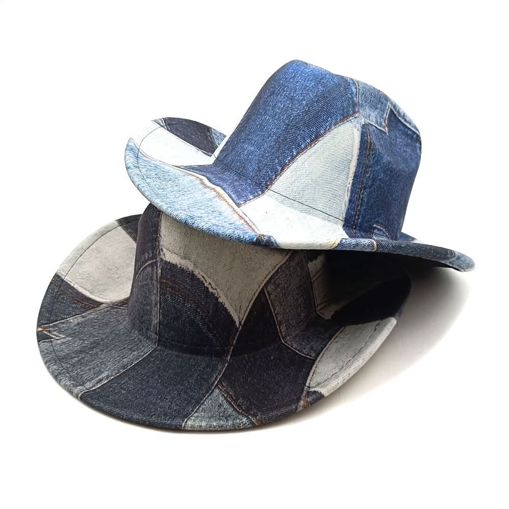 Denim Patchwork Fedora Hat – Unisex Wide Brim Jazz Cap, Lightweight & Washable