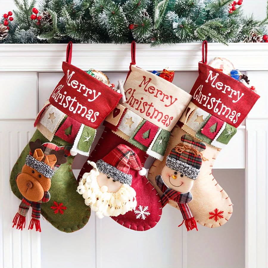 3pcs Large Christmas Stockings – Santa, Snowman & Reindeer Holiday Decor