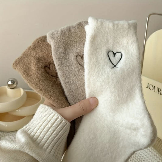 Pack of 6 Pairs Heart Embroidery Fuzzy Warm Socks