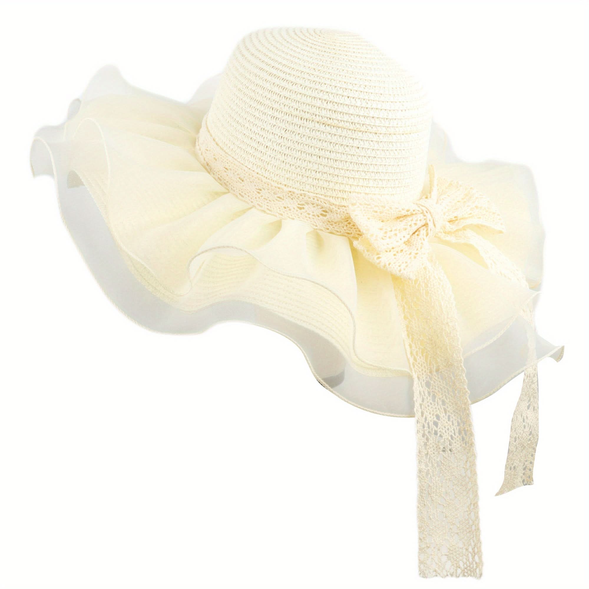 Women's Linen Straw Bucket Hat with Bow – Mesh Patchwork Wide Brim Sun Visor