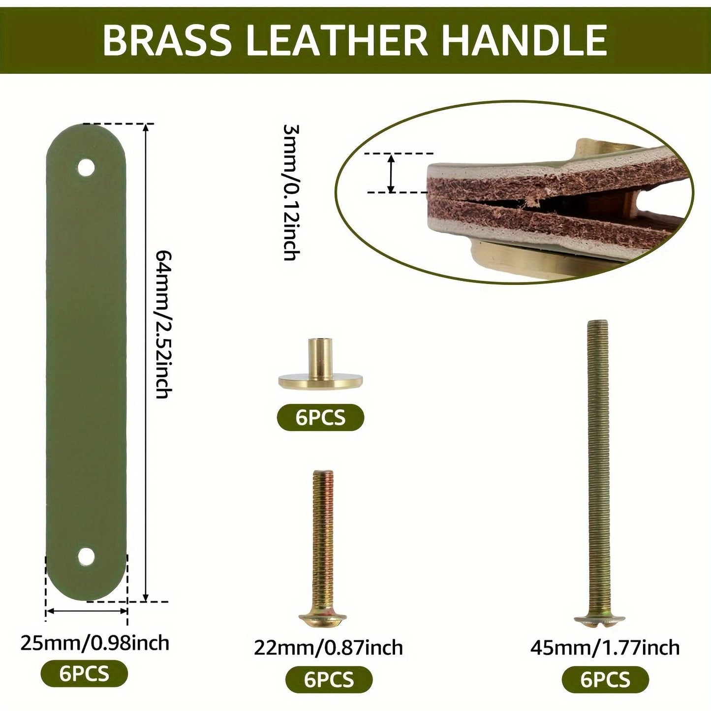 6-Pack Leather Drawer Pulls – Thickened Cabinet Handles with Brass Accents