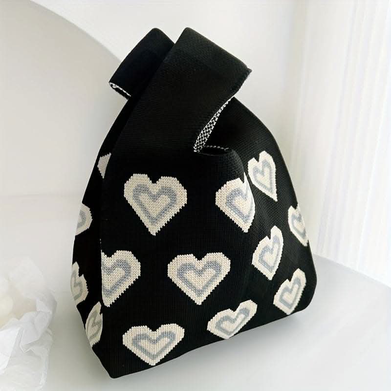 Stylish Black & White Heart Knitted Hobo Bag