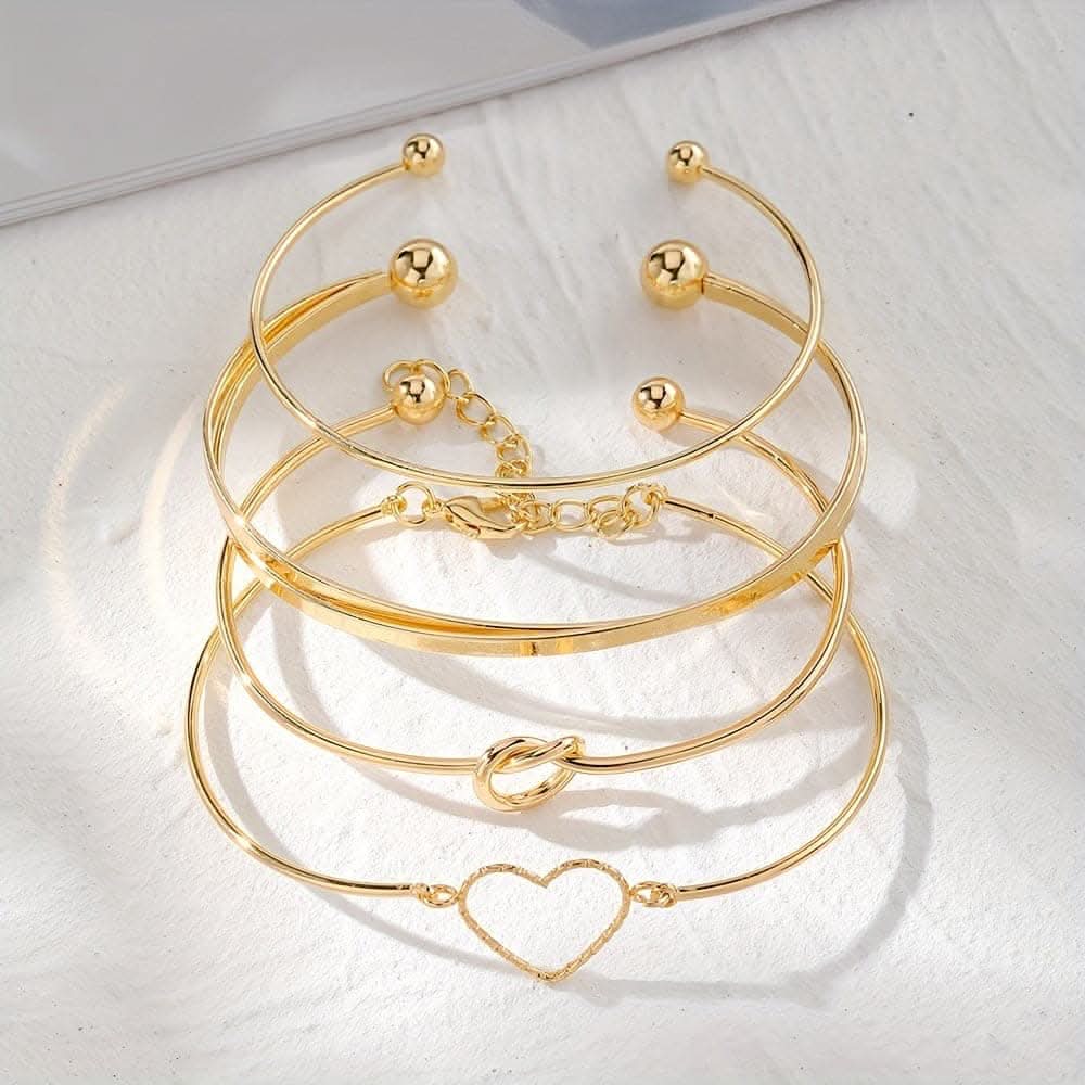 4pcs Golden Knotted Love Cuff Bangle Set – Stackable Alloy Bracelets