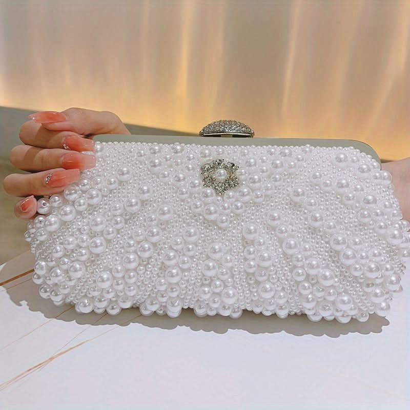 White Pearl Diamond Shell Clutch – Chain Strap