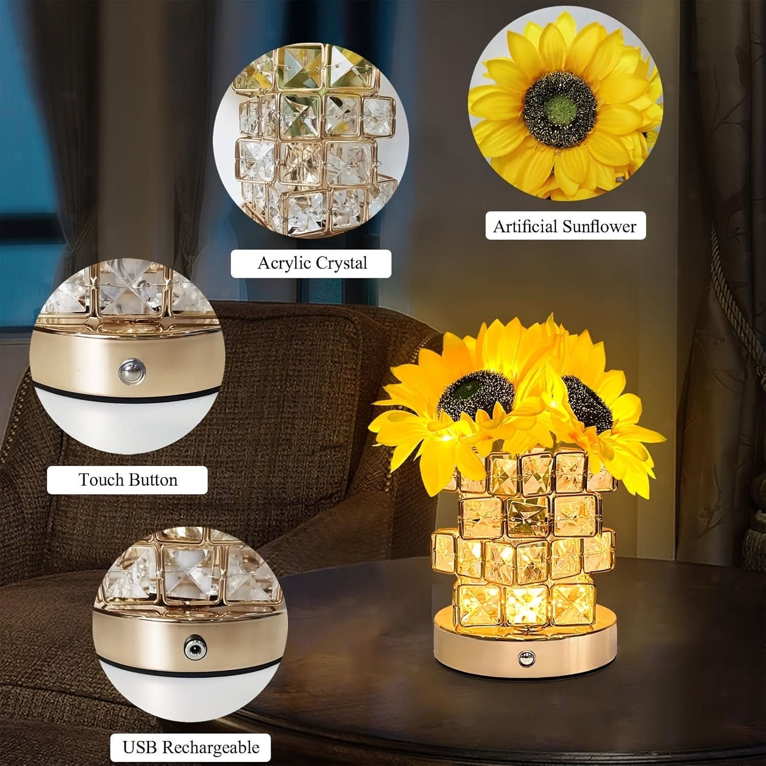 LED Sunflower Night Light with Crystal Vase – USB Rechargeable