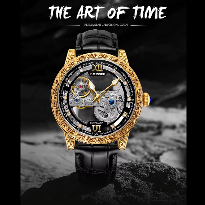 T-Winner Skeleton Automatic Watch for Men – Luxury Mechanical Design with Leather Strap