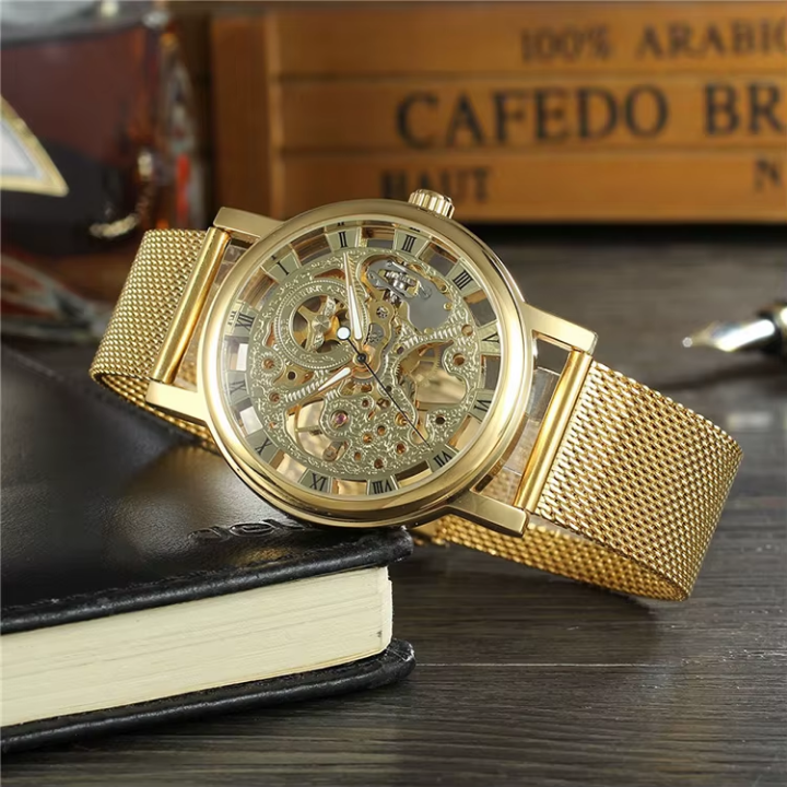 T-WINNER Men's Mechanical Skeleton Watch – Classic Stainless Steel Mesh Band Timepiece