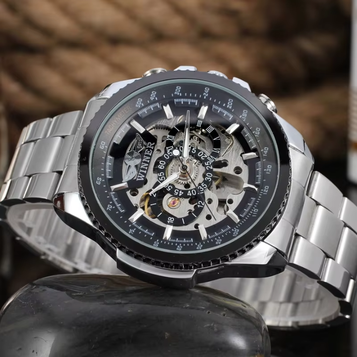 T-Winner Men’s Automatic Mechanical Skeleton Watch – Stainless Steel Band, Roman Dial