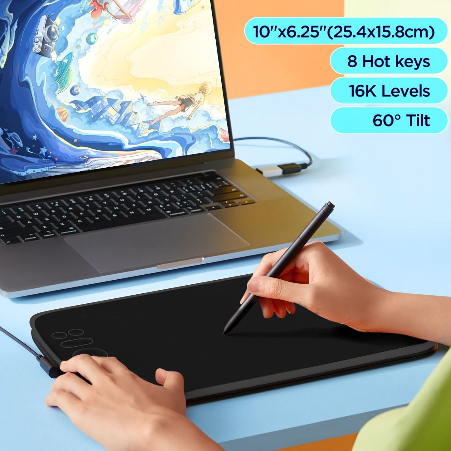 M908 10x6.25" Drawing Tablet with 8 Shortcuts