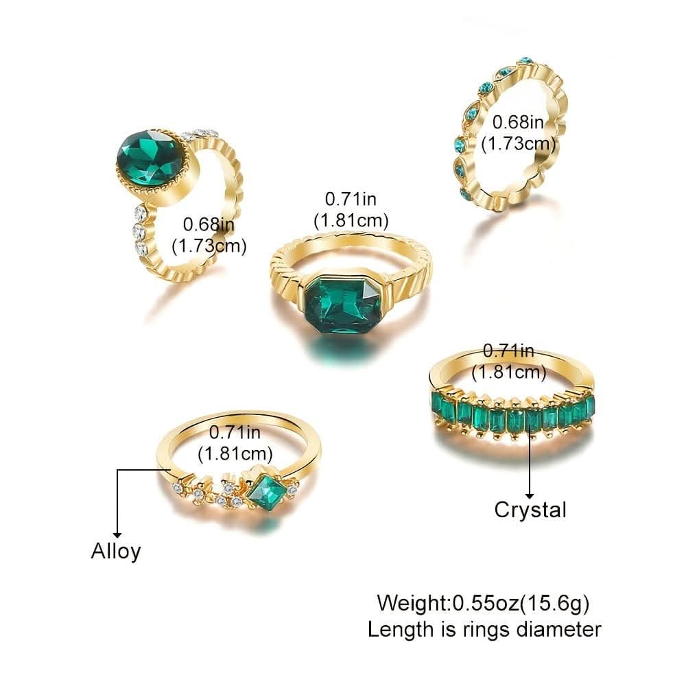 Green Rhinestone Ring Set – 5-Piece Geometric Design