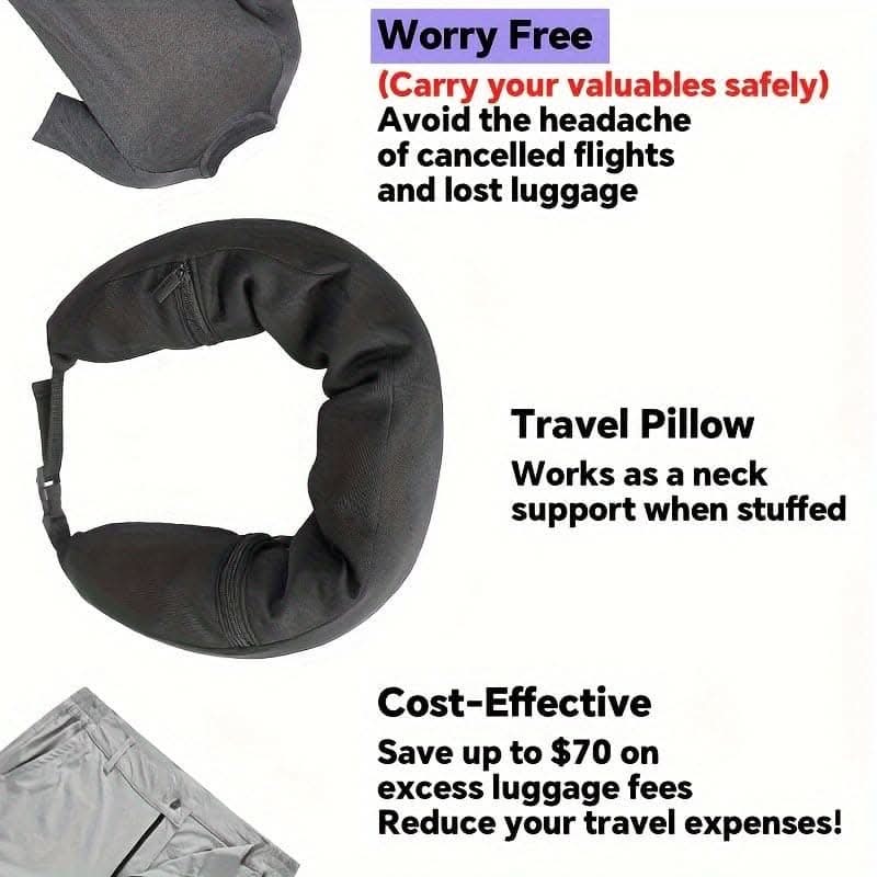 Versatile Neck Pillow – Fill with Clothes, 3-in-1 Travel Essential