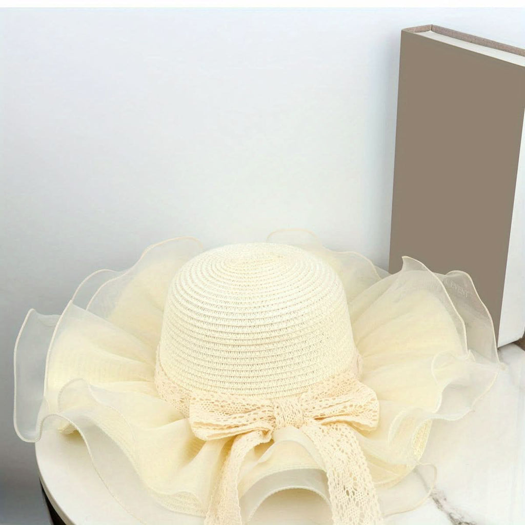 Women's Linen Straw Bucket Hat with Bow – Mesh Patchwork Wide Brim Sun Visor