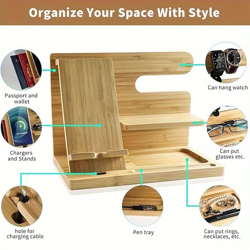 Square Wooden Phone Stand & Storage Organizer