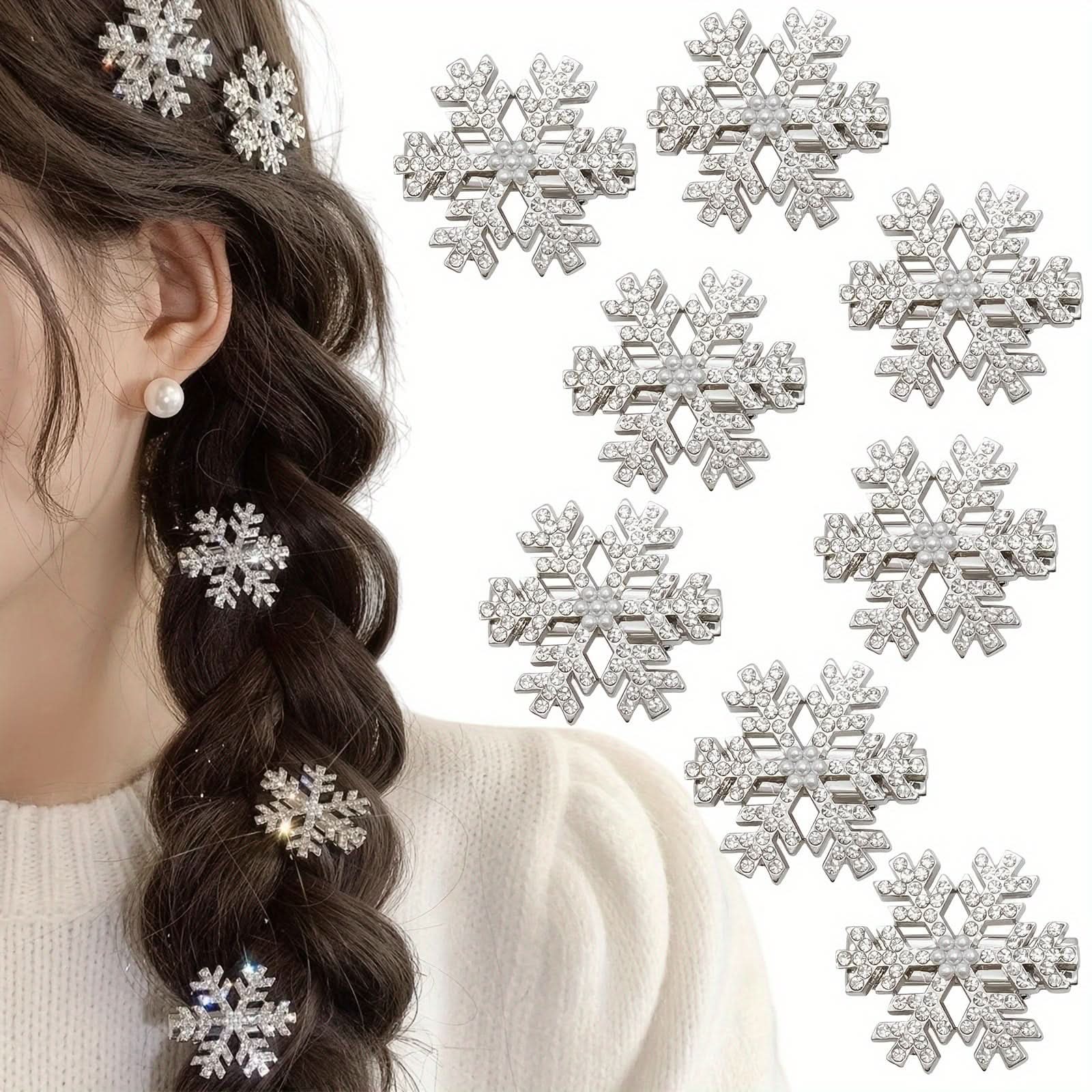 8-Pack Rhinestone Snowflake Hair Clips, Christmas Hair Accessories