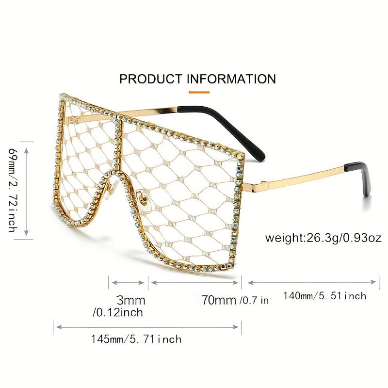 Luxury Rhinestone Mesh Shield Glasses for Women - Sparkling Square Eyewear, Protective Lens