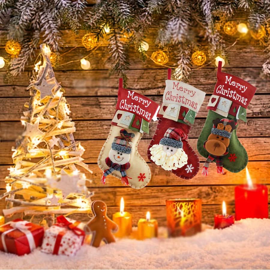 3pcs Large Christmas Stockings – Santa, Snowman & Reindeer Holiday Decor