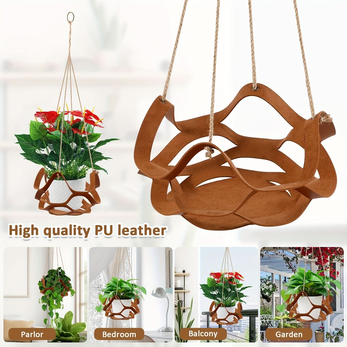 2pcs PU Leather Hanging Plant Baskets – Indoor & Outdoor Decorative Planters