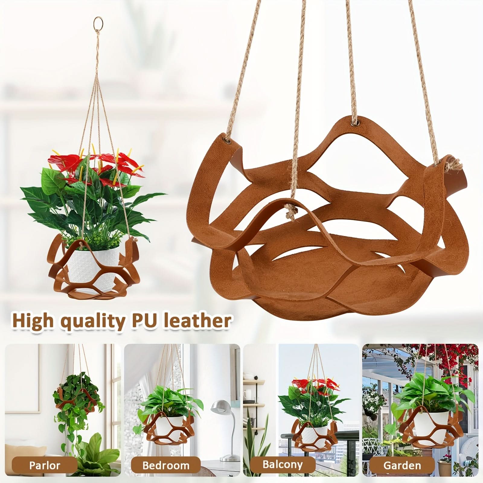 2pcs PU Leather Hanging Plant Baskets – Indoor & Outdoor Decorative Planters